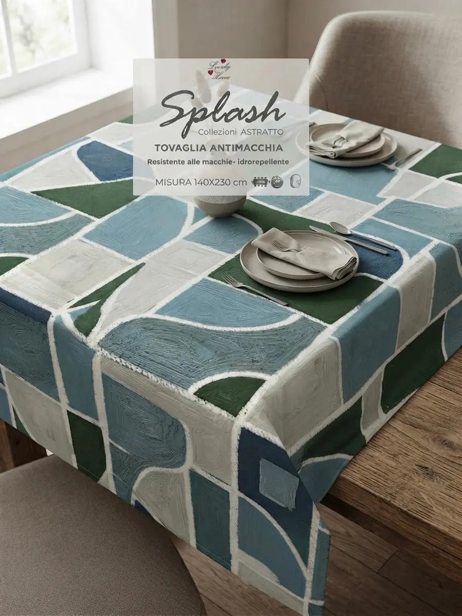 Lovely Home Tovaglia Antimacchia Splash Astratto Quadrati Azzurri 140 x 230
