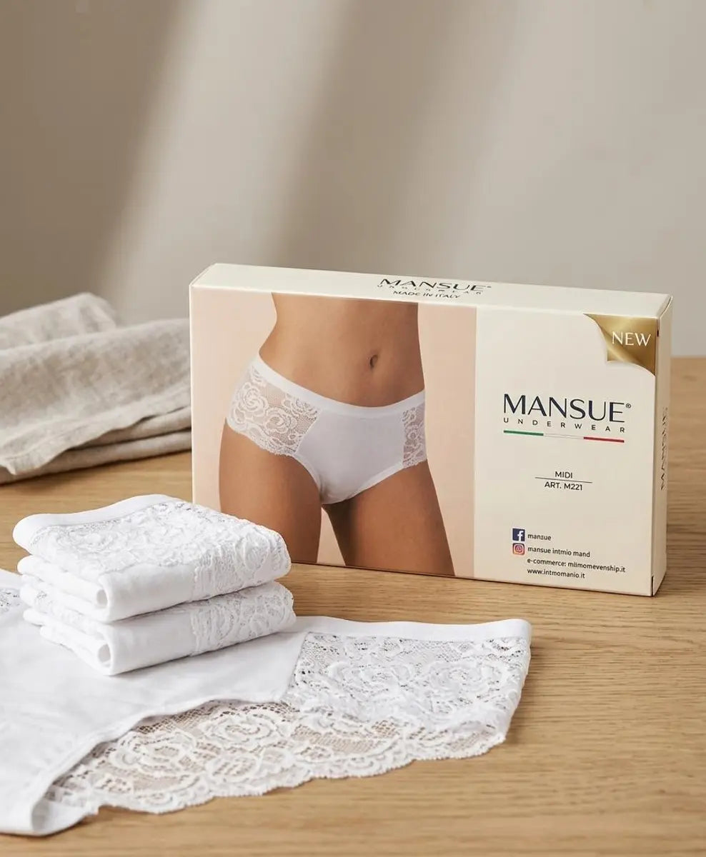Mansue' Mansuè – 3 Pezzi Slip Donna Midi In Cotone Elasticizzato e Pizzo