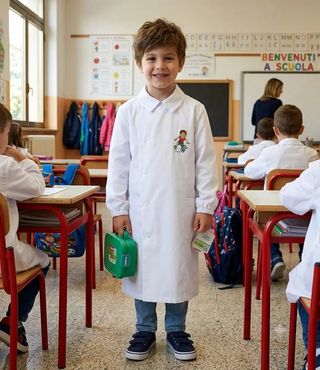 Grembiule bianco asilo bambino con abbottonatura laterale Siggi ricamo Calcio 4344