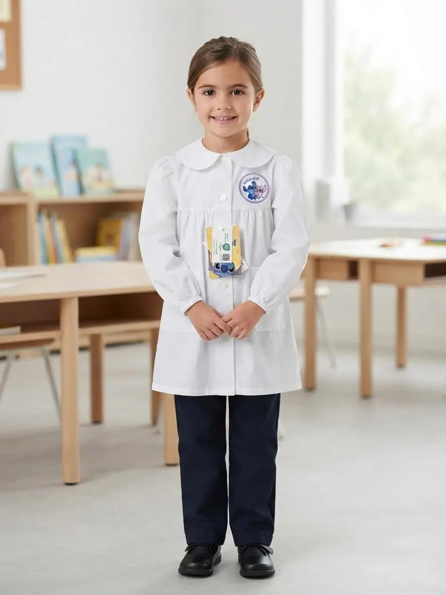 Disney Grembiule asilo bambina bianco con bottoni ricamo stich
