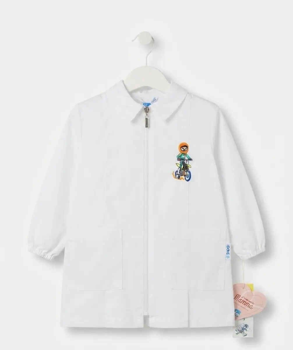 Grembiule asilo bianco bici con zip Siggi