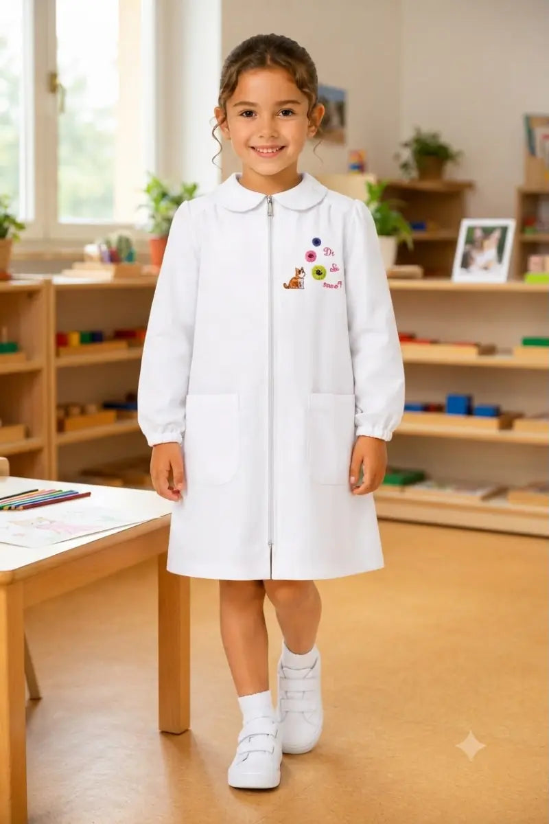 Grembiule asilo bambina Bianco con zip centrale Siggi Gatto
