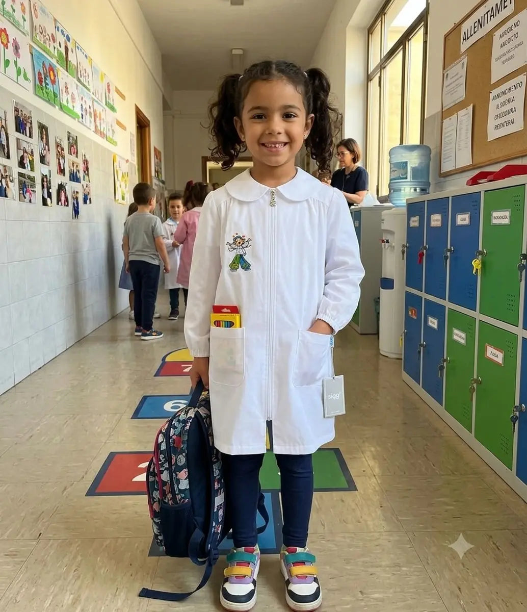 Grembiule asilo bambina Bianco con zip centrale Siggi ricamo Hippy 4337