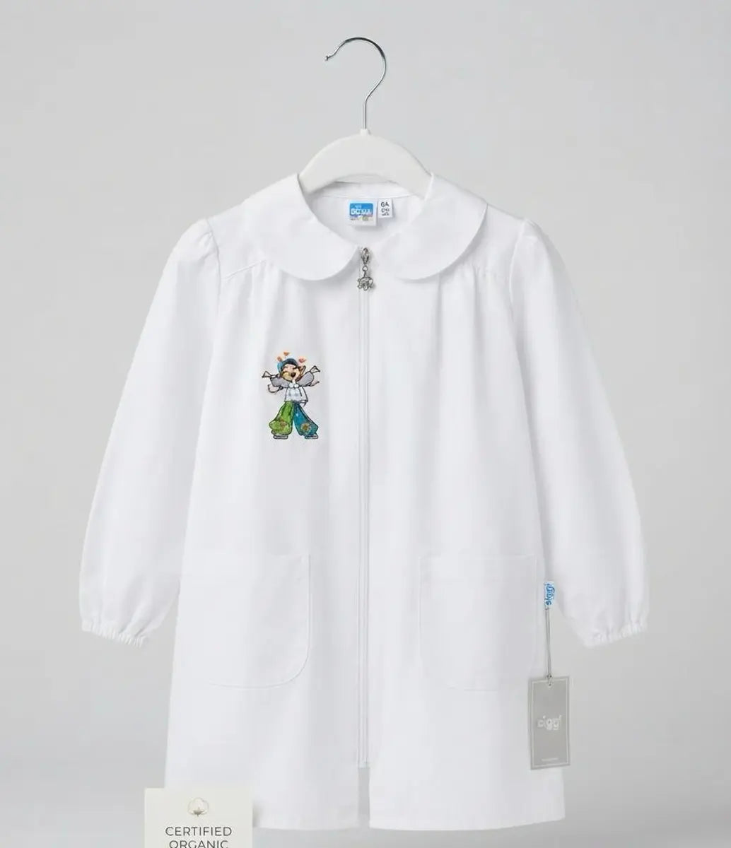 Grembiule asilo bambina Bianco con zip centrale Siggi ricamo Hippy 4337